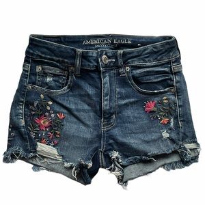 AE Floral Embroidered Distressed Jean Shorts